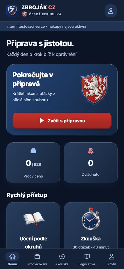 Preview of the upcoming Zbroják CZ app in Czech.